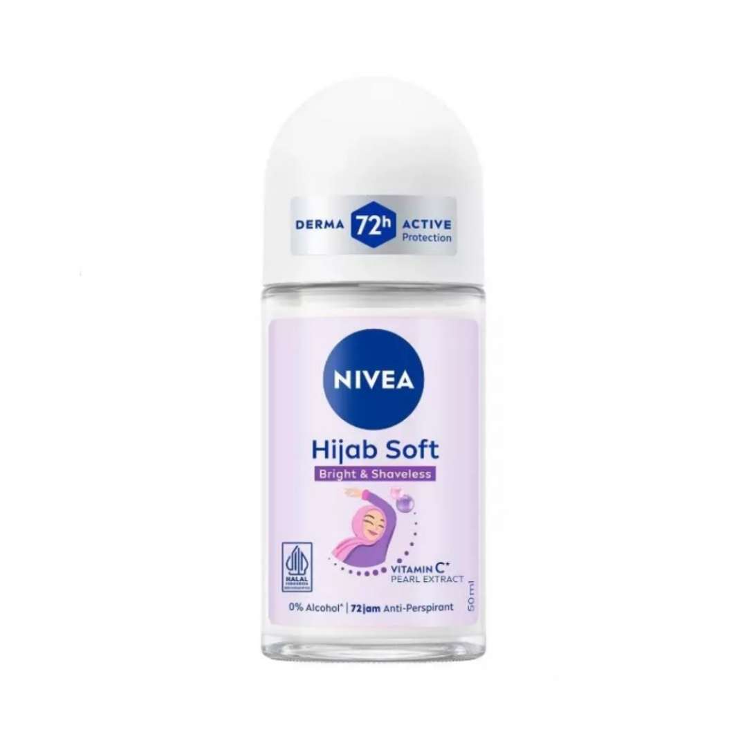 Nivea Hijab Soft Bright & Shave Less Anti Transpirant Roll On , Vitamin C + Pearl Extract , 50 ml , 72 Hours Protection , 0% Alcohol