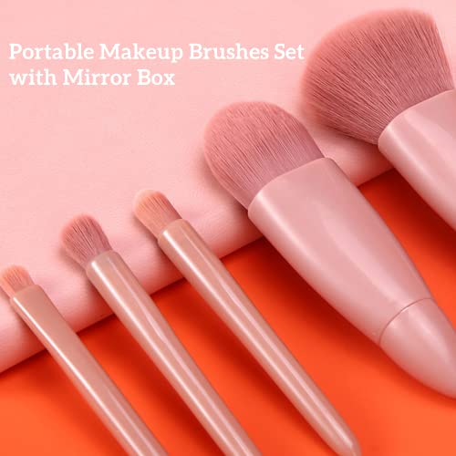 5 Pcs Portable Makeup Brushes Set with Mirror Box Mini Cosmetic Brushes Travel Makeup Brushes Powder Foundation Blush Portable Makeup Brush