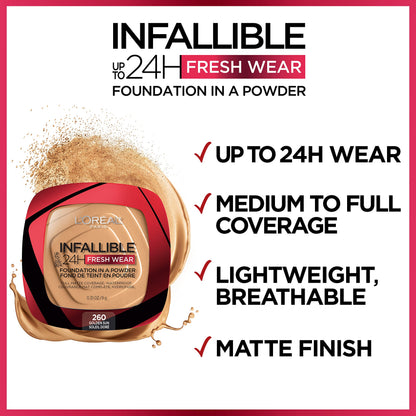 L'Oreal Paris Infallible Fresh Wear Foundation in a Powder, Up to 24 Hour Wear, 200 Goden Sand