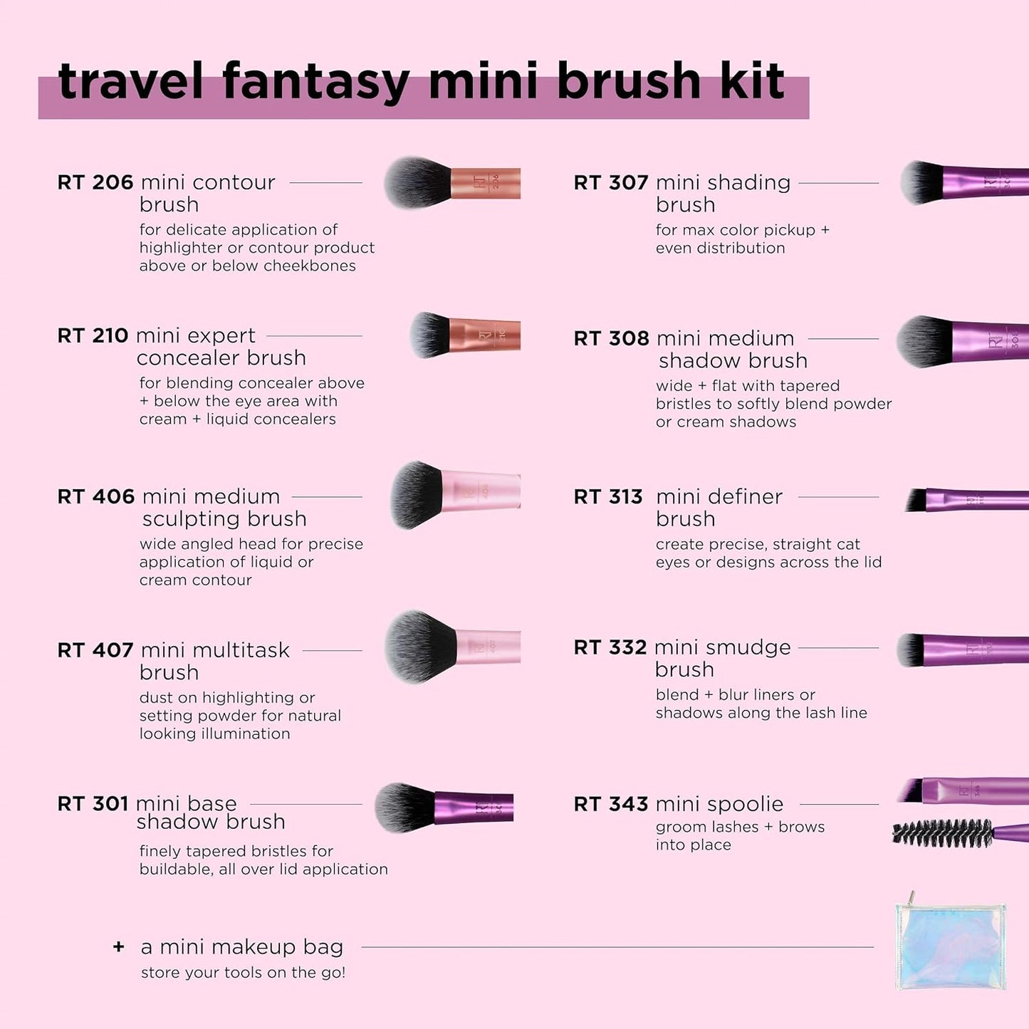 Real Techniques Travel Fantasy Makeup Brushes Set for Eyeshadow, Highlight, Contour, Powder and Concealer, Mini Size Travel Brushes and Makeup Bag, Synthetic Bristles, 11 Piece Set