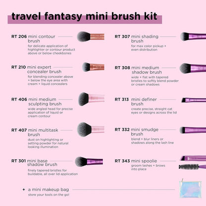 Real Techniques Travel Fantasy Makeup Brushes Set for Eyeshadow, Highlight, Contour, Powder and Concealer, Mini Size Travel Brushes and Makeup Bag, Synthetic Bristles, 11 Piece Set