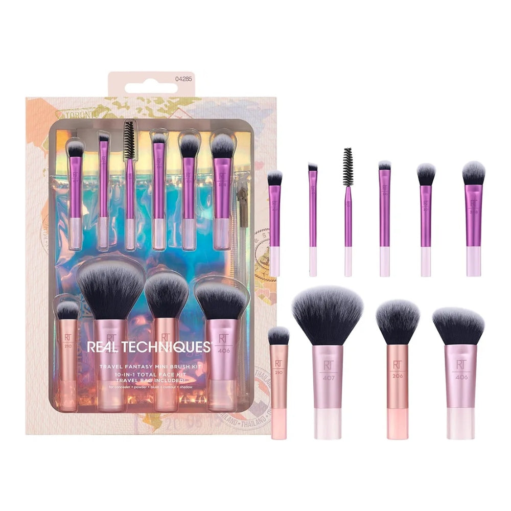 Real Techniques Travel Fantasy Makeup Brushes Set for Eyeshadow, Highlight, Contour, Powder and Concealer, Mini Size Travel Brushes and Makeup Bag, Synthetic Bristles, 11 Piece Set