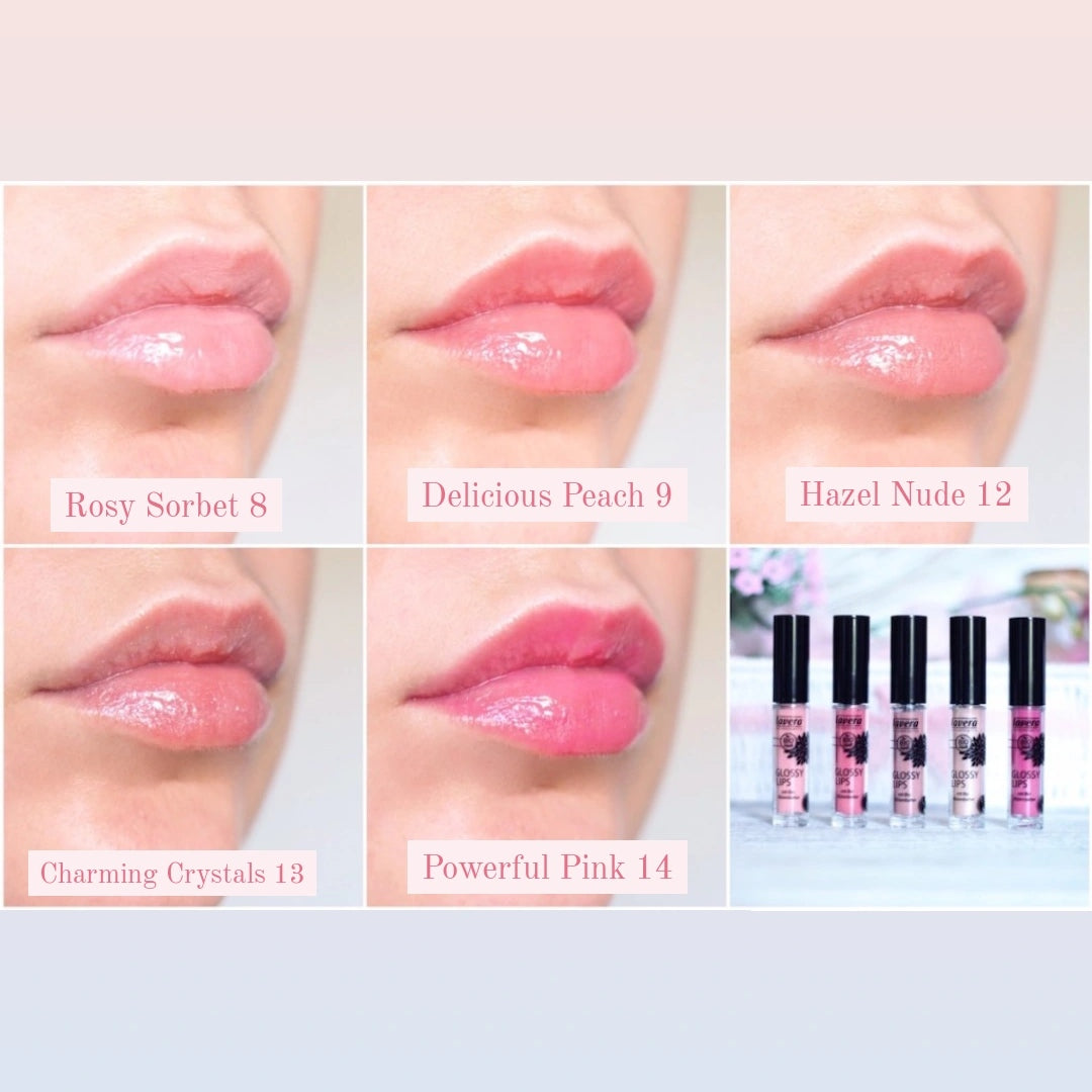 Offer Lavera Glossy Lips Magic Soft Rosy Delicious Peach , Hazel Nude , Charming Crystals and Powerful Pink ( Randomly With Red Color ) ( 5 Pcs )