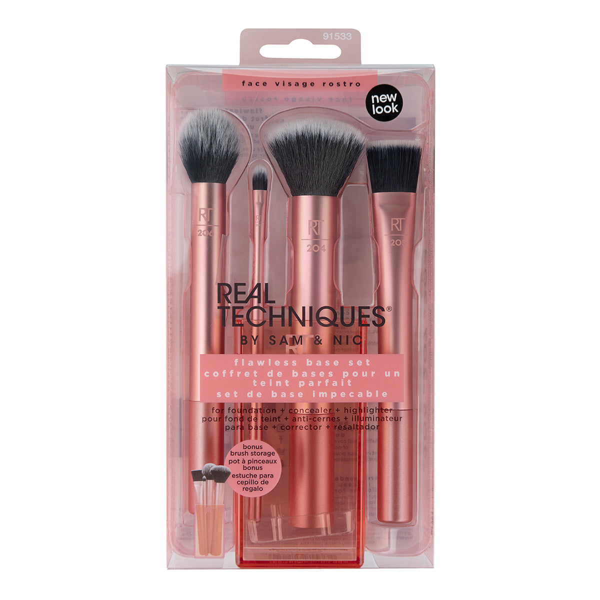 Real Techniques Base Flawless Base Brush Set ( Foundation , Concealer & Highlighter ) + Holder