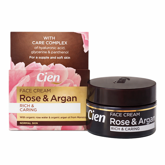 Cien Rose & Argan Rich & Caring Face Cream With Hyaluronic Acid, Glycerin & Panthenol For Normal Skin