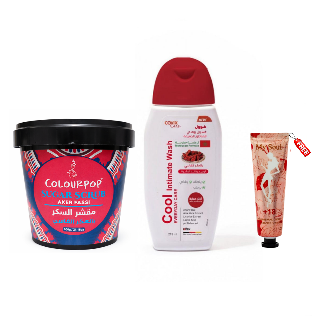 Covixcare Intimate Area Wash 215ml + Scrub 600g Aker Fassi عكر فاسي + Free Random Hand Cream