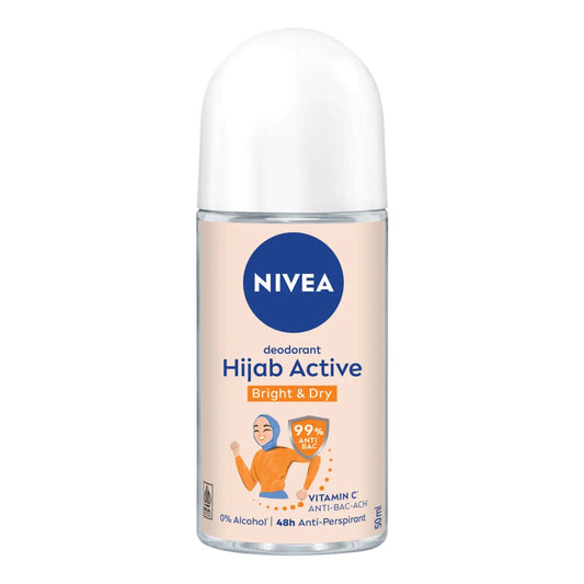Nivea Hijab Soft Bright & Dry  Anti Transpirant & Bacteria Roll On , Vitamin C + Pearl Extract , 50 ml  , 48 Hours Protection , 0% Alcohol