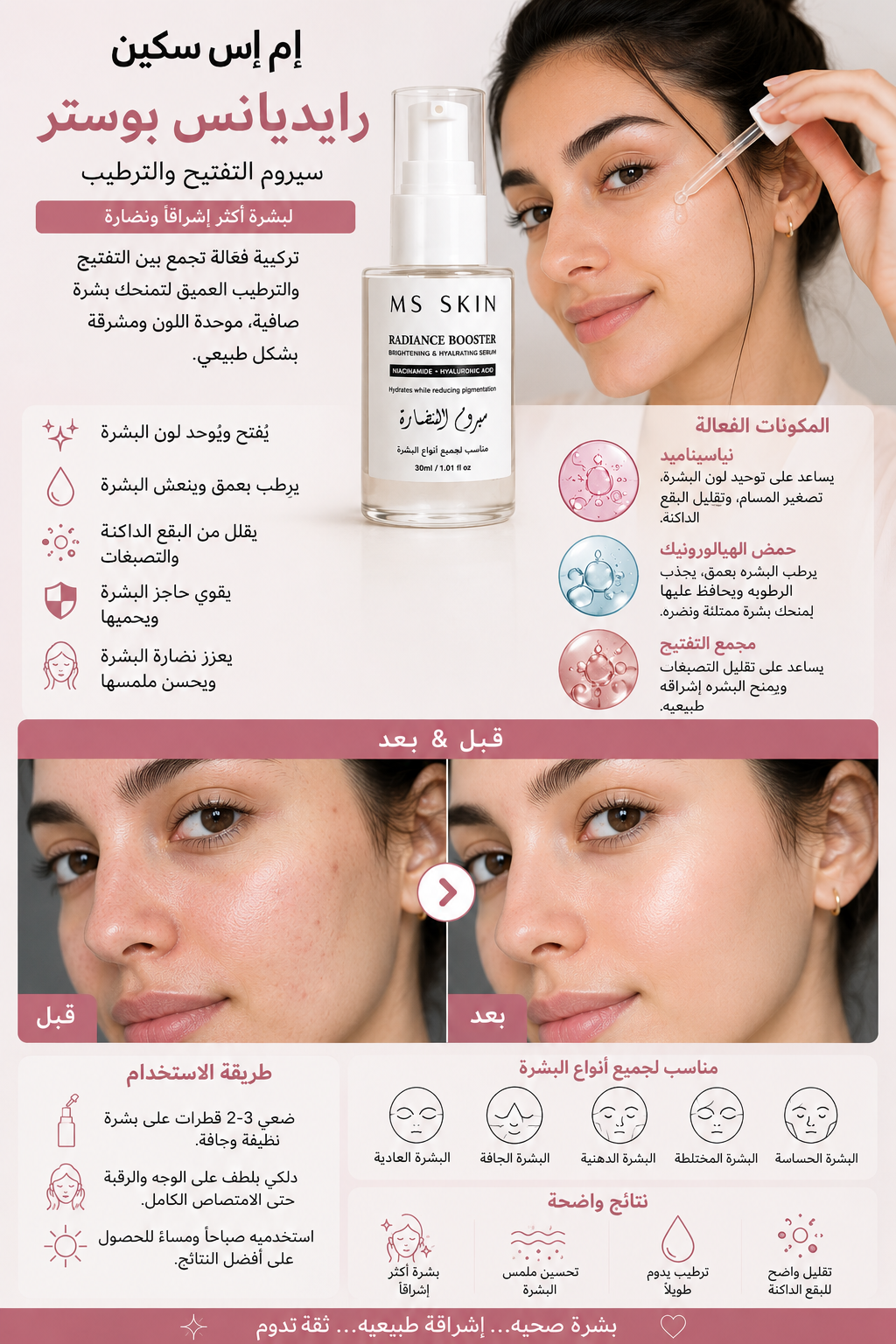 Ms Skin Radiance Booster Niacinamide + Hyaluronic Acid 30 ml ( Bright, Hydrated & Reduce Pigmentation) All skin Types