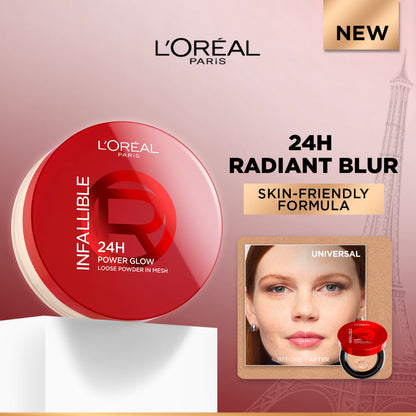L’Oréal Paris Infaillible 24H Power Glow Loose Powder in Mesh, Pore Blurring, Radiant Glow, and Hydrating Formula ( Universal)
