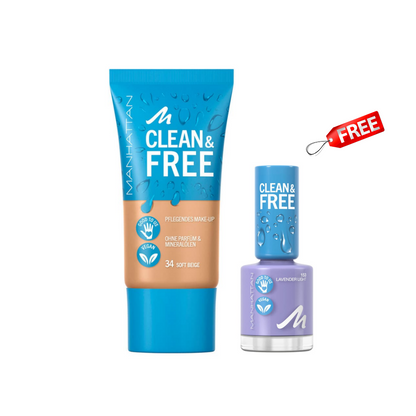 Manhattan Clean Free Foundation 34 Soft Beige + Free Nail Polish 153 Lavender Light ( Medium Skin )