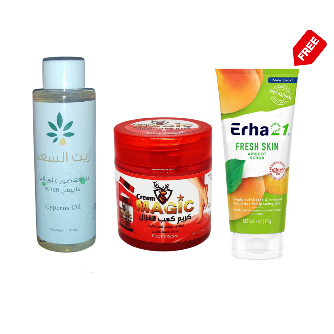 Saad Oil Hair Removal 100ml زيت السعد Natural 100% + Magic Foot Cream كعب الغزال + Free Body Scrub