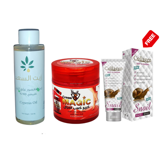 Saad Oil Hair Removal 100ml زيت السعد Natural 100% + Magic Foot Cream كعب الغزال + Free Snail Cleanser